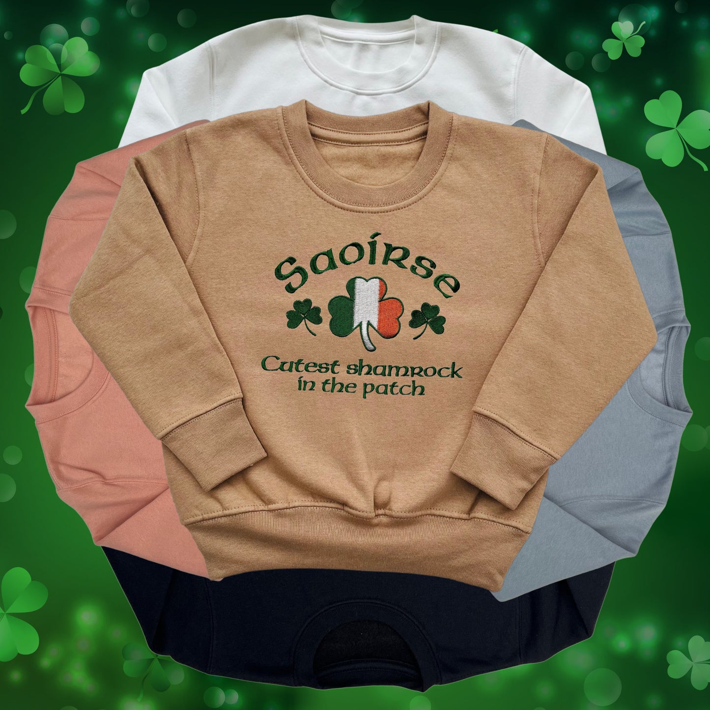 Personalised Embroidered Children's St Patrick's Day Top. Shamrock Design Saying 'Cutest shamrock in the  patch' and Personalised with Name.