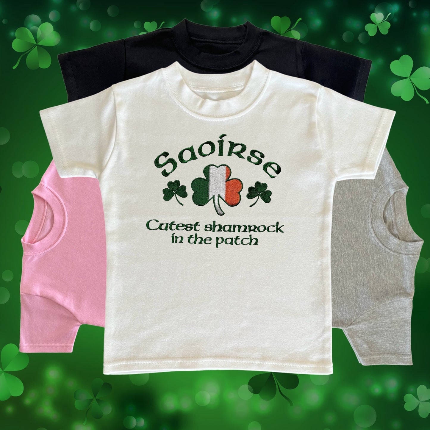 Personalised Embroidered Children's St Patrick's Day Top. Shamrock Design Saying 'Cutest shamrock in the  patch' and Personalised with Name.