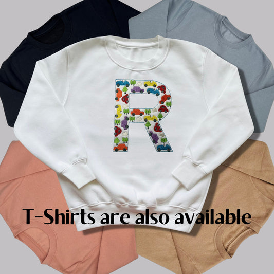 Personalised Embroidered Children's Top. Colourful Cars Make Up the Letter of the Alphabet. A Perfect Gift for Car Fans.