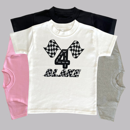 Personalised Embroidered Children's Birthday Top. Cute Applique Embroidered Chequered Flag Design Personalised with Age and Name. Great Gift