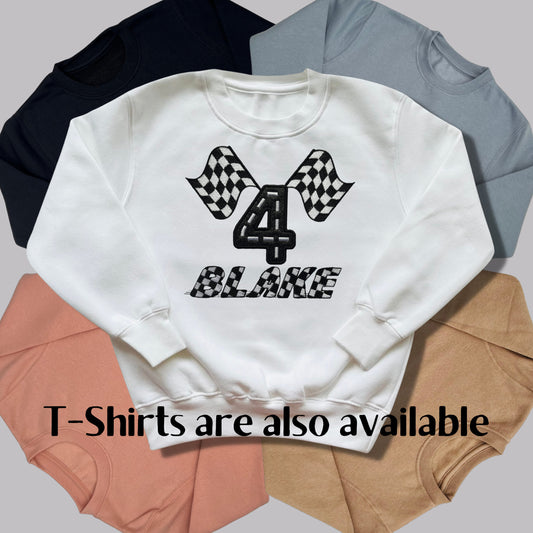Personalised Embroidered Children's Birthday Top. Cute Applique Embroidered Chequered Flag Design Personalised with Age and Name. Great Gift