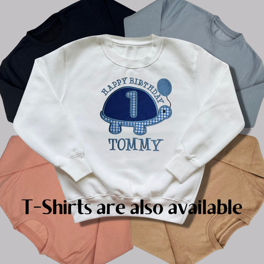 Personalised Embroidered Children's Birthday Top. Cute Applique Embroidered Turtle Personalised with Age and Name Perfect Birthday Outfit