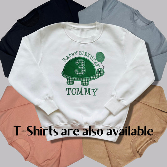 Personalised Embroidered Children's Birthday Top. Cute Applique Embroidered Turtle Personalised with Age and Name Perfect Birthday Outfit