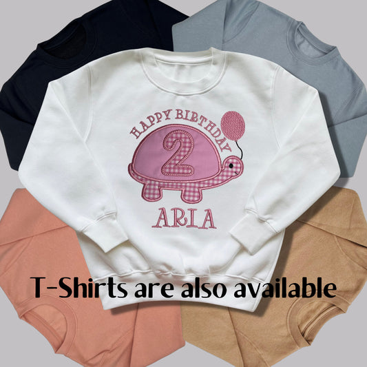 Personalised Embroidered Children's Birthday Top. Cute Applique Embroidered Turtle Personalised with Age and Name Perfect Birthday Outfit