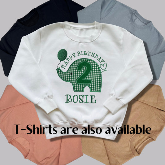 Personalised Embroidered Children's Birthday Top. Cute Applique Embroidered Elephant Personalised with Age and Name Perfect Birthday Outfit