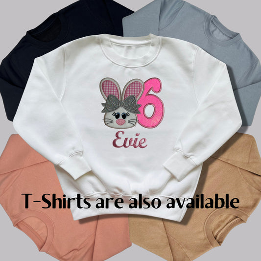 Personalised Embroidered Children's Birthday Top. Cute Bunny Design using Glittery Applique with Child's Age & Name. Perfect Birthday Outfit