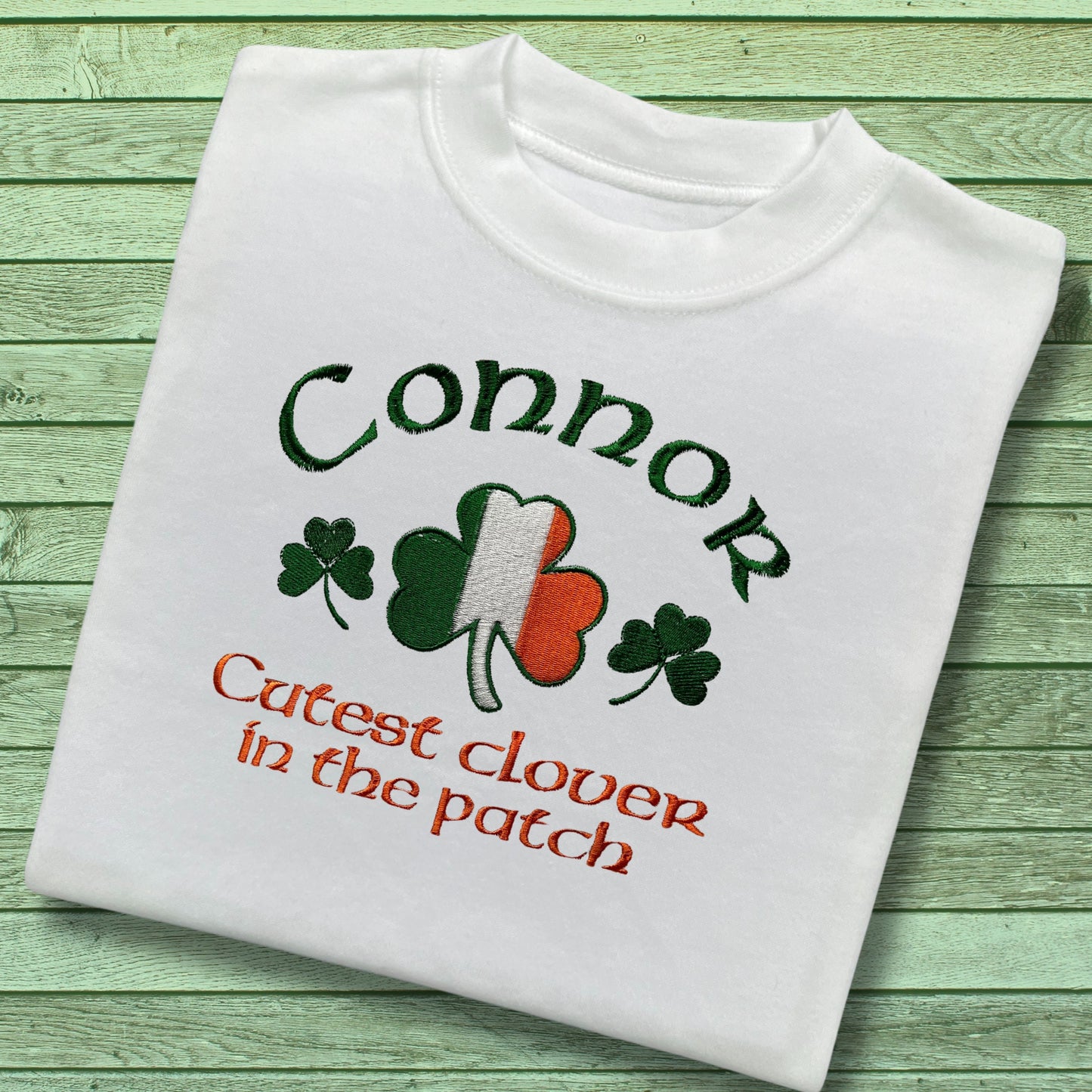 Personalised Embroidered Children's St Patrick's Day Top. Shamrock Design Saying 'Cutest clover in the  patch' and Personalised with Name.