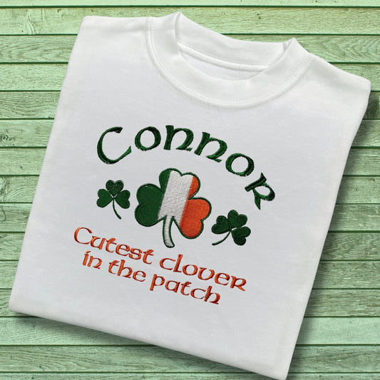 Personalised Embroidered Children's St Patrick's Day Top. Shamrock Design Saying 'Cutest clover in the  patch' and Personalised with Name.