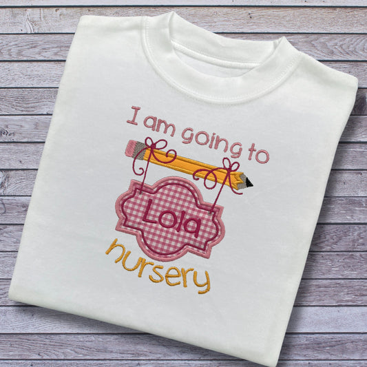 Personalised Embroidered 'I am going to nursery' Top with Blue or Pink Gingham Design. Personalised with Child's Name. Choice of Garment