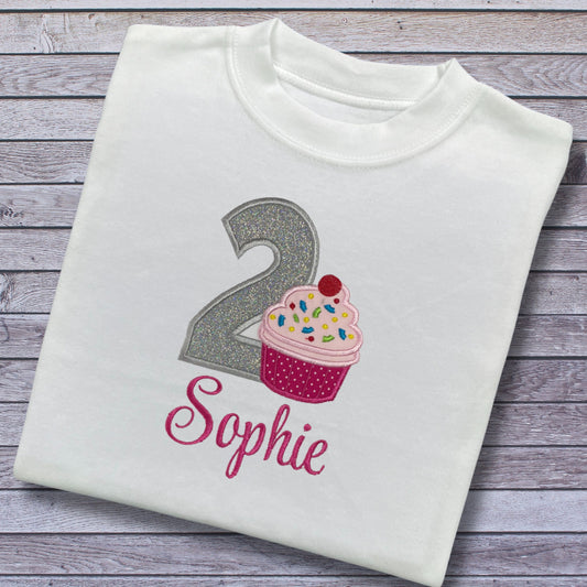Personalised Embroidered Children's Birthday Top. Cute Applique Embroidered Cupcake Personalised with Age and Name Perfect Birthday Outfit