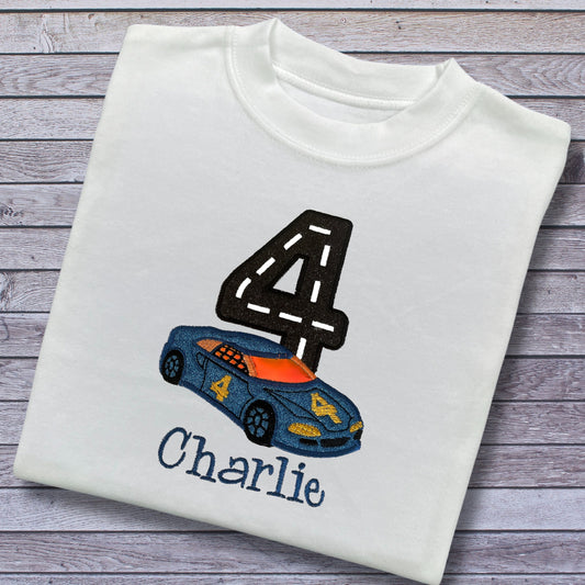 Personalised Embroidered Children's Birthday Top. Cute Applique Embroidered Blue Racing Car Personalised with Age and Name. Great Gift