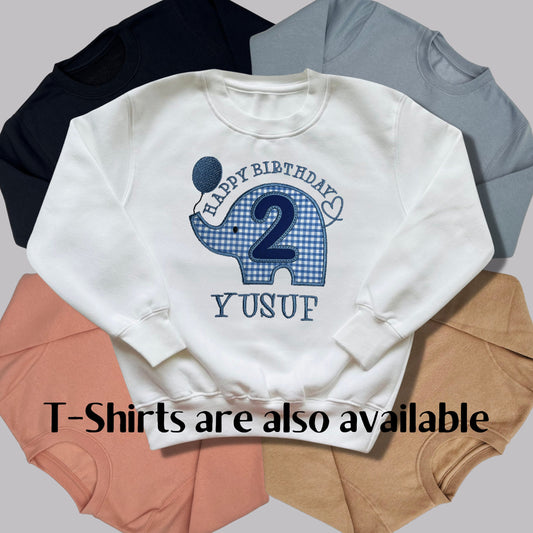 Personalised Embroidered Children's Birthday Top. Cute Applique Embroidered Elephant Personalised with Age and Name Perfect Birthday Outfit