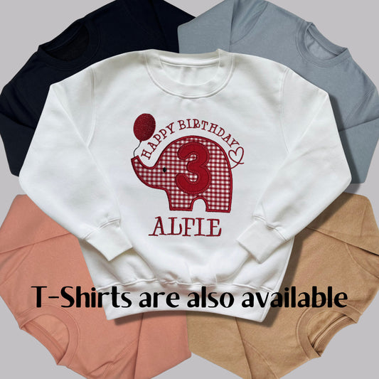 Personalised Embroidered Children's Birthday Top. Cute Applique Embroidered Elephant Personalised with Age and Name Perfect Birthday Outfit