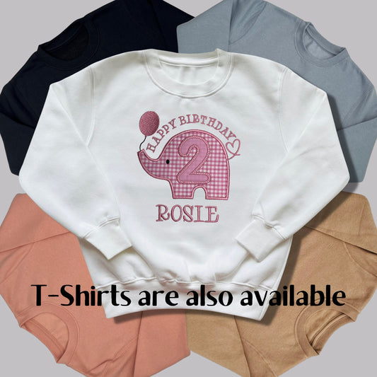 Personalised Embroidered Children's Birthday Top. Cute Applique Embroidered Elephant Personalised with Age and Name Perfect Birthday Outfit