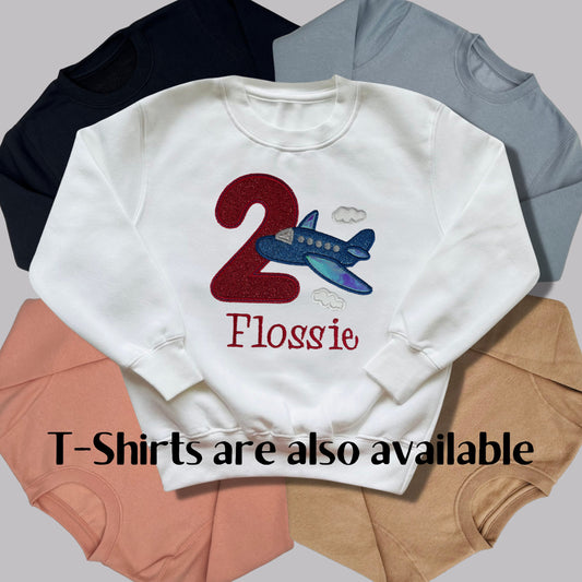 Personalised Embroidered Children's Birthday Top. Cute Aeroplane Design Personalised with Age and Name Perfect Birthday Outfit