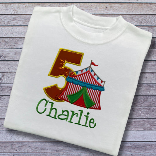 Personalised Embroidered Children's Birthday Top. Cute Applique Embroidered Circus Personalised with Age and Name Perfect Birthday Outfit