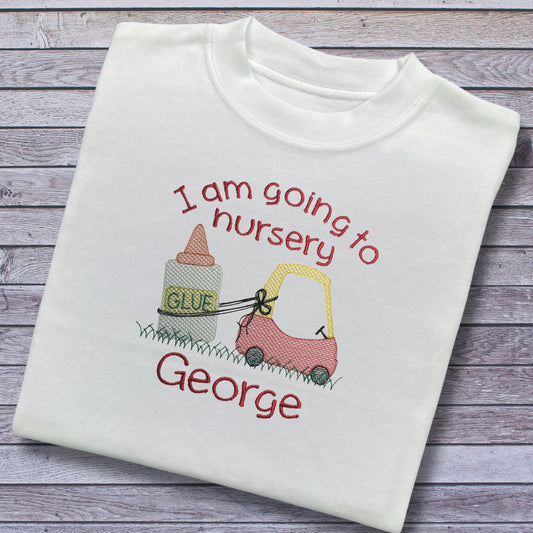 Personalised Embroidered Childrens Top. Cute Red Car Towing Glue Saying 'I am going to nursery' Personalised with Name. Choice of Garments