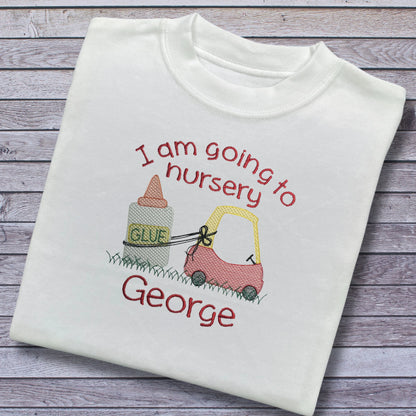 Personalised Embroidered Children's Going to Nursery Top: Red Car Design