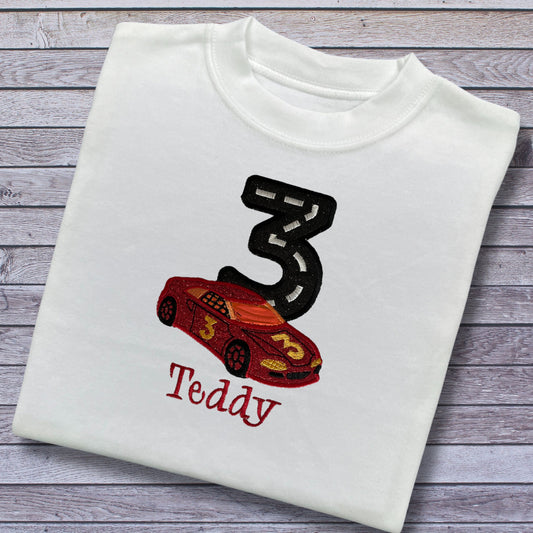 Personalised Embroidered Children's Birthday Top. Cute Applique Embroidered Red Racing Car Personalised with Age and Name. Perfect Gift.