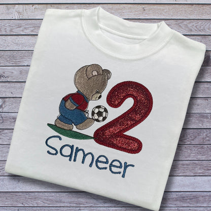 Personalised Embroidered Children's Birthday Top. Teddy Bear Footballer.