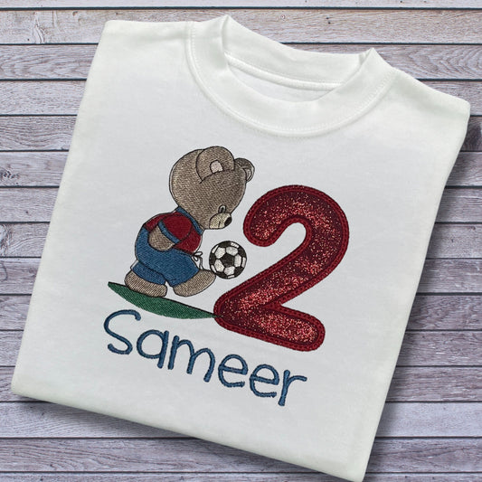 Personalised Embroidered Children's Birthday Top. Teddy Bear Kicking a Football.