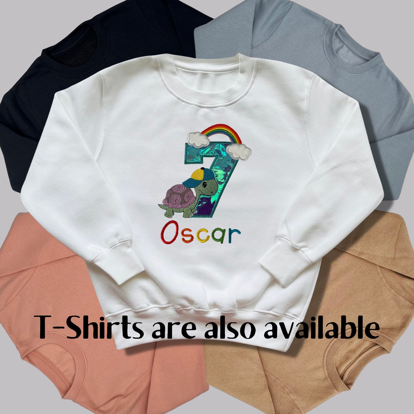 Personalised Embroidered Children's Birthday Top, Turtle and Rainbow Design.