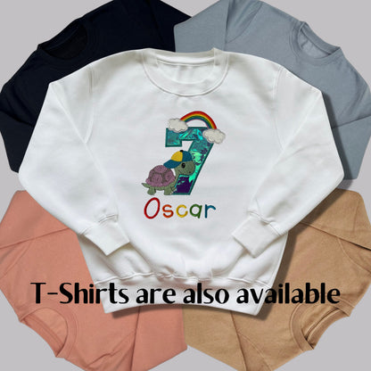 Personalised Embroidered Children's Birthday Top, Turtle and Rainbow Design.