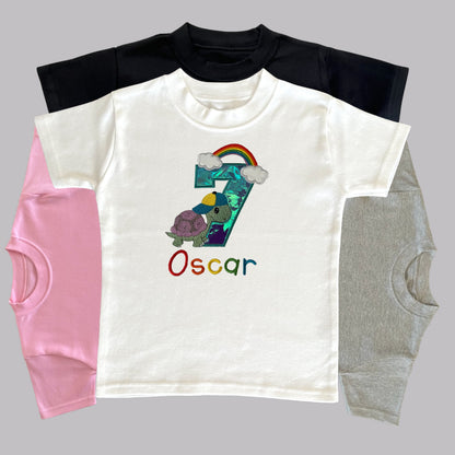 Personalised Embroidered Children's Birthday Top, Turtle and Rainbow Design.