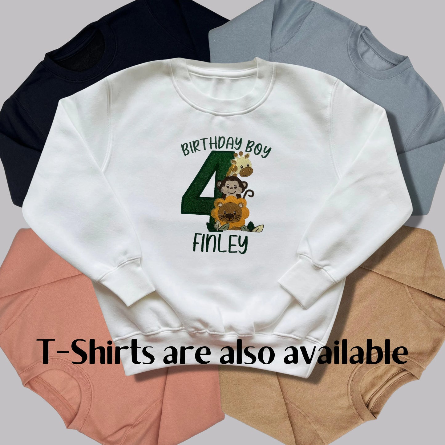 Personalised Embroidered Children's Birthday Top: Safari Animals Design