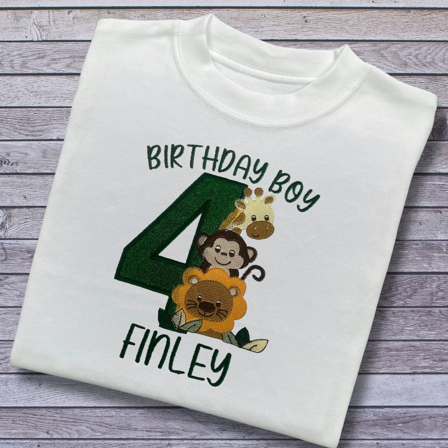 Personalised Embroidered Children's Birthday Top: Safari Animals Design