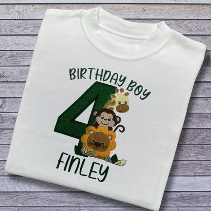Personalised Embroidered Children's Birthday Top: Safari Animals Design