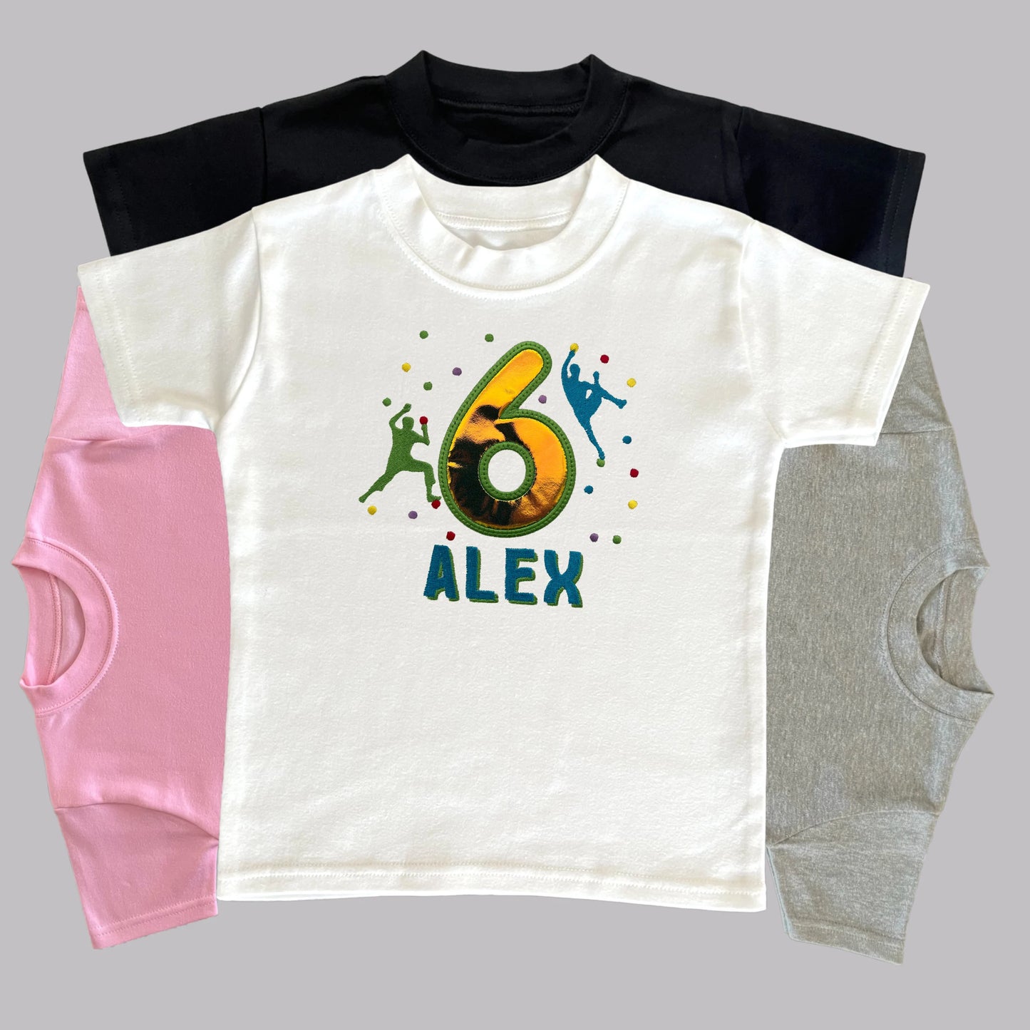 Personalised Embroidered Children's Birthday Top: Rock Wall Climbing Design.