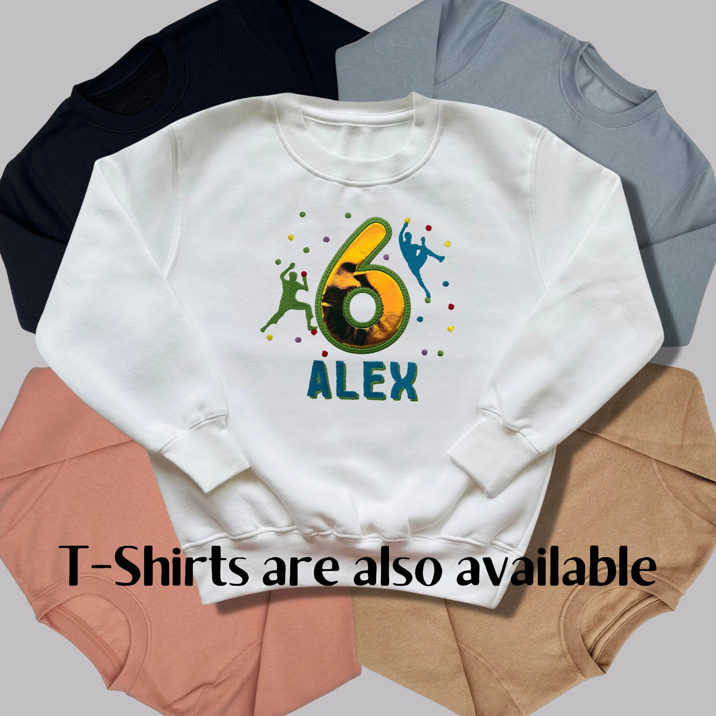 Personalised Embroidered Children's Birthday Top: Rock Wall Climbing Design.