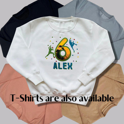 Personalised Embroidered Children's Birthday Top: Rock Wall Climbing Design.