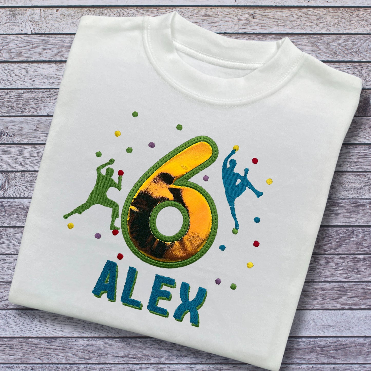Personalised Embroidered Children's Birthday Top: Rock Wall Climbing Design.