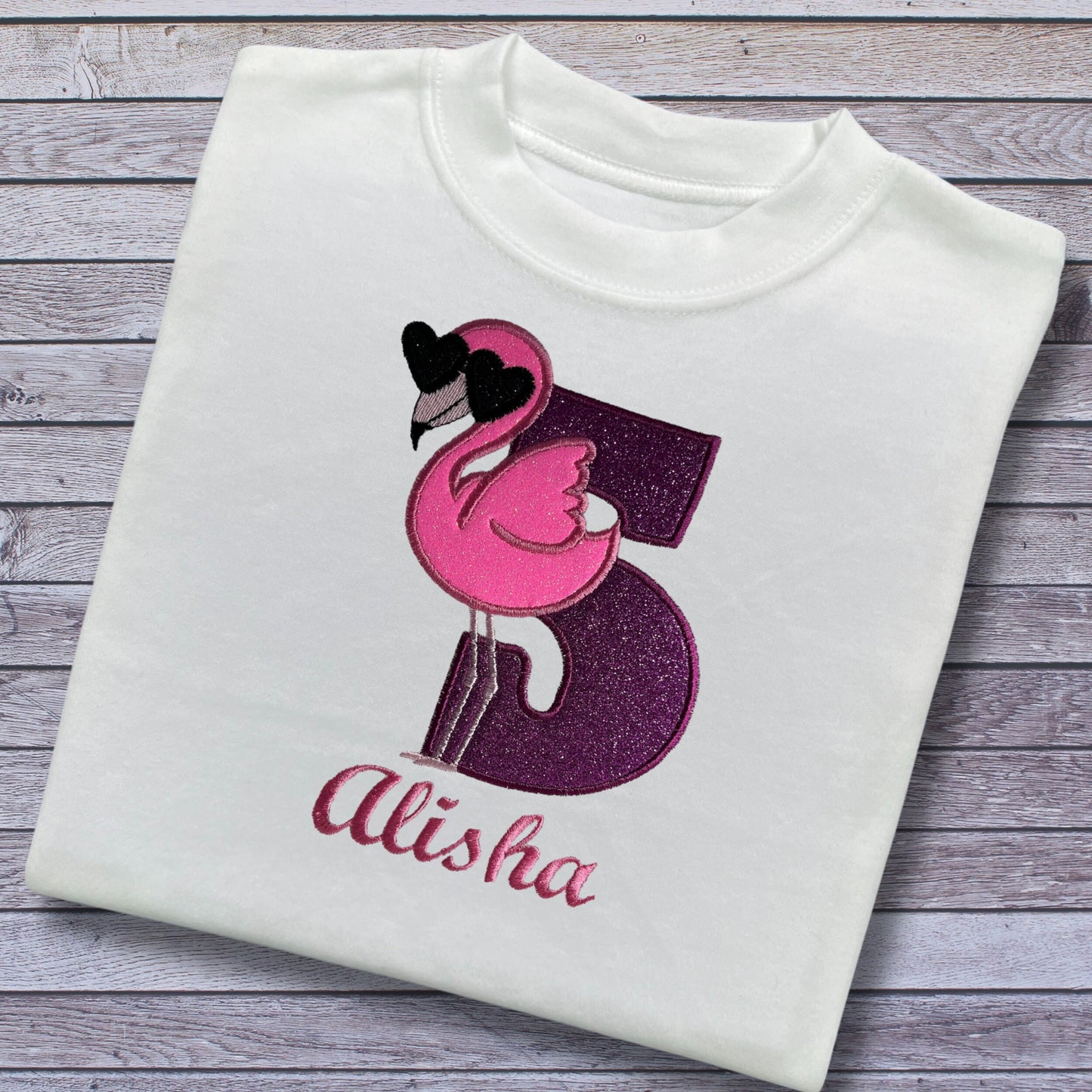 Personalised Embroidered Children's Birthday Top: Flamingo Design