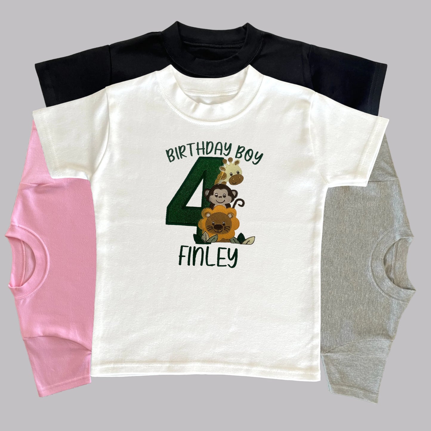 Personalised Embroidered Children's Birthday Top: Safari Animals Design