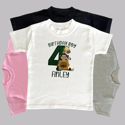 Personalised Embroidered Children's Birthday Top: Safari Animals Design
