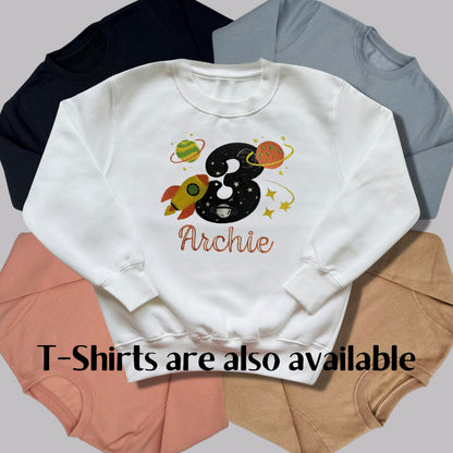 Personalised Embroidered Children's Birthday Top: Space Themed Rocket Design.