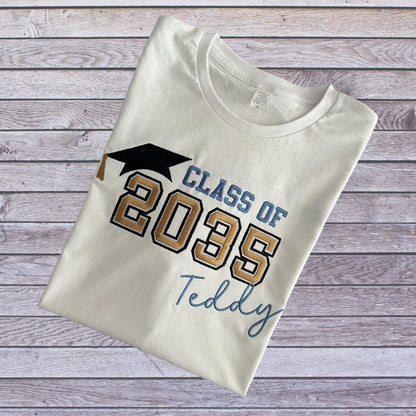 Personalised Embroidered Children's Class of 20xx Handprint Keepsake T-Shirt.