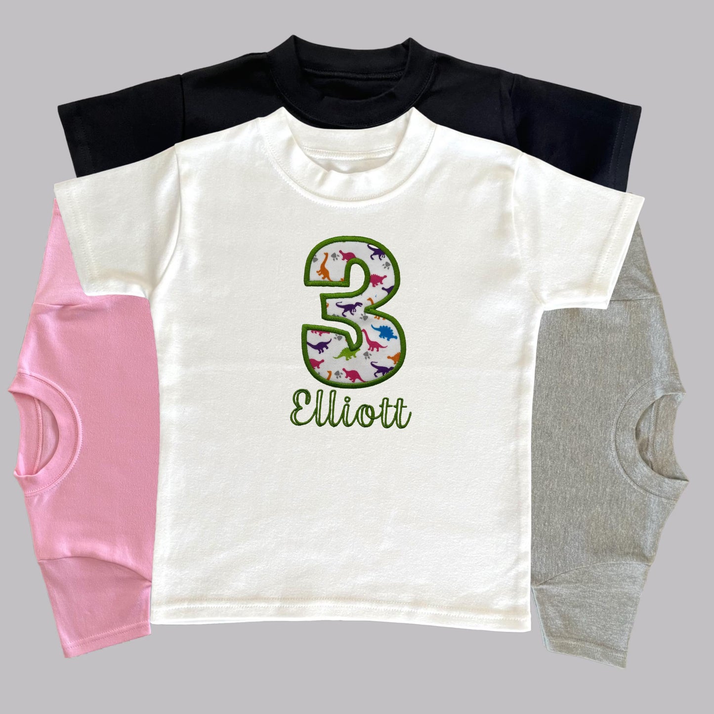 Personalised Embroidered Children's Birthday Top: Dinosaur Fabric Number