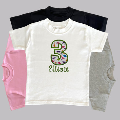 Personalised Embroidered Children's Birthday Top: Dinosaur Fabric Number