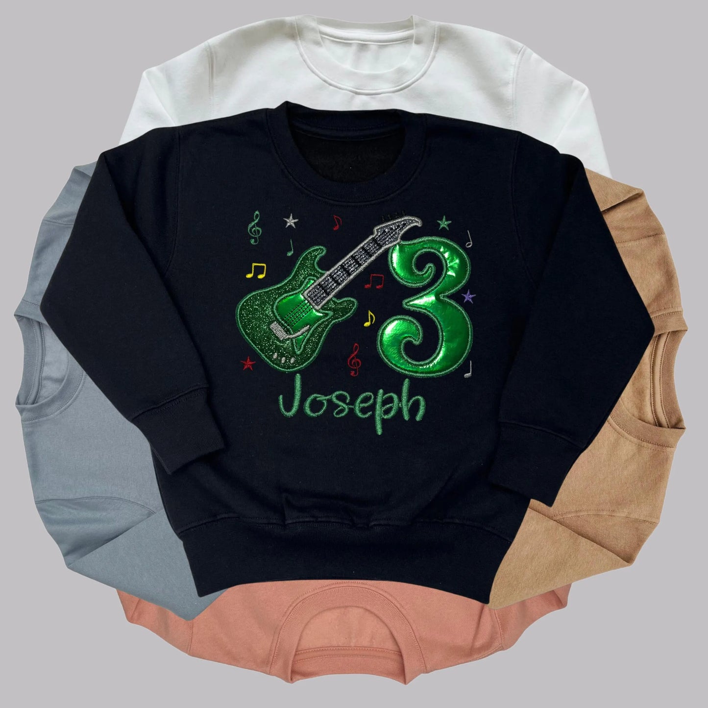 Personalised Embroidered Children's Birthday Top: Glittery Guitar Design