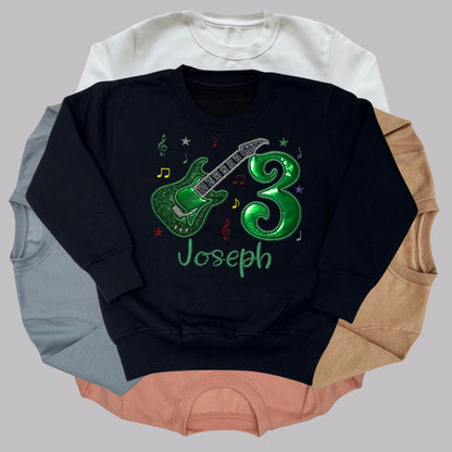 Personalised Embroidered Children's Birthday Top: Glittery Guitar Design