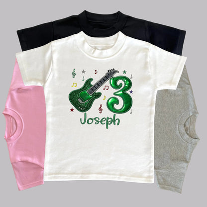 Personalised Embroidered Children's Birthday Top: Glittery Guitar Design