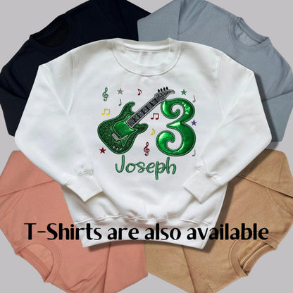 Personalised Embroidered Children's Birthday Top: Glittery Guitar Design