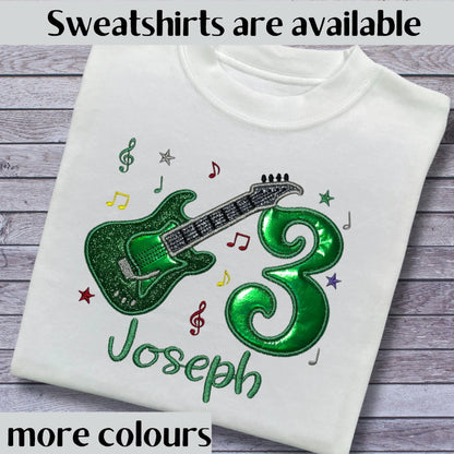 Personalised Embroidered Children's Birthday Top: Glittery Guitar Design
