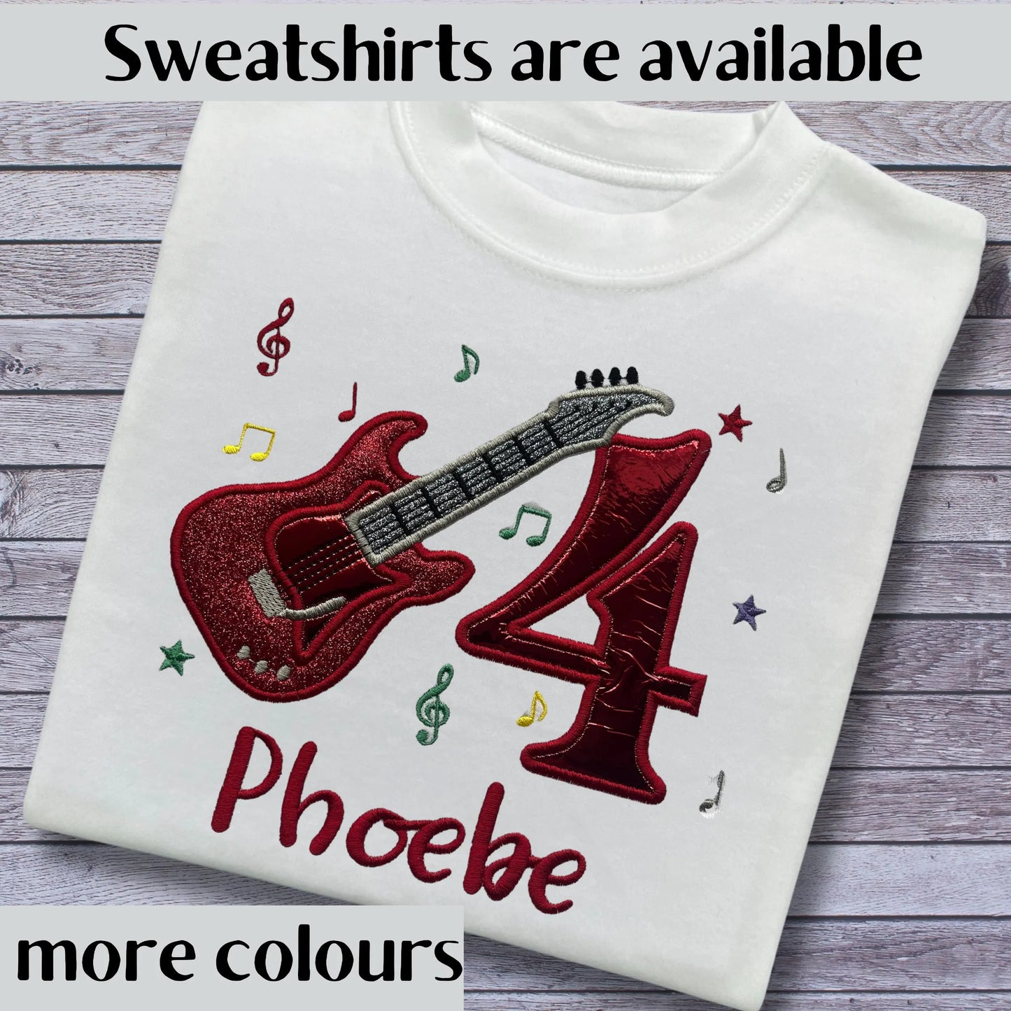 Personalised Embroidered Children's Birthday Top: Glittery Guitar Design
