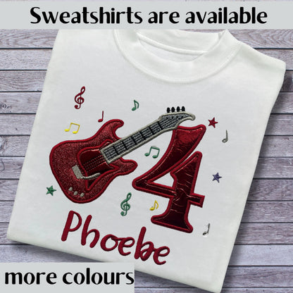 Personalised Embroidered Children's Birthday Top: Glittery Guitar Design