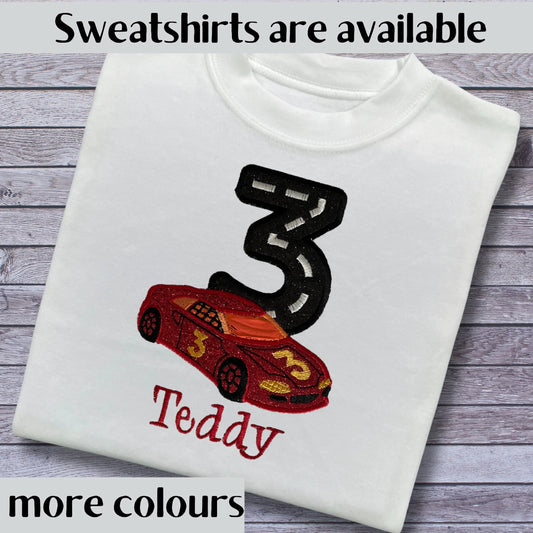 Personalised Embroidered Children's Birthday Top: Racing Car Design